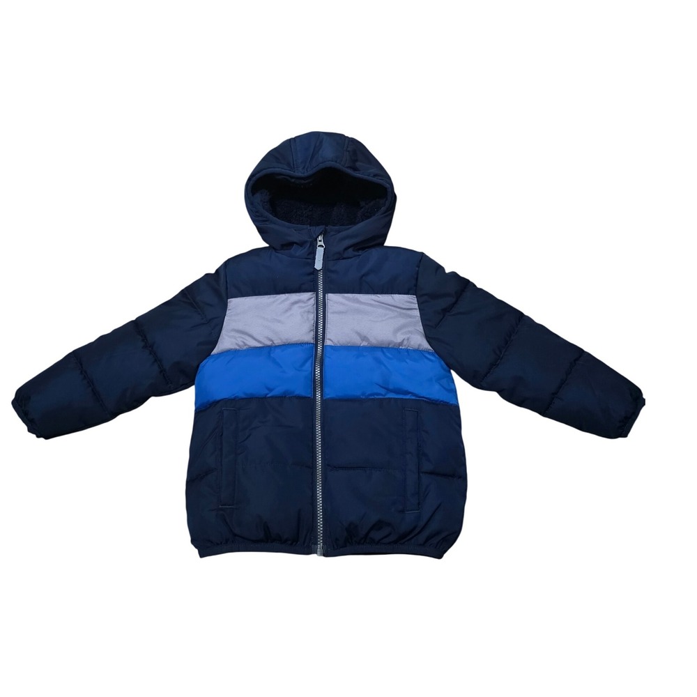 Cozy Boys Puffer Jacket Colorblock Blue Gray Hooded Winter Warm Size 3T
